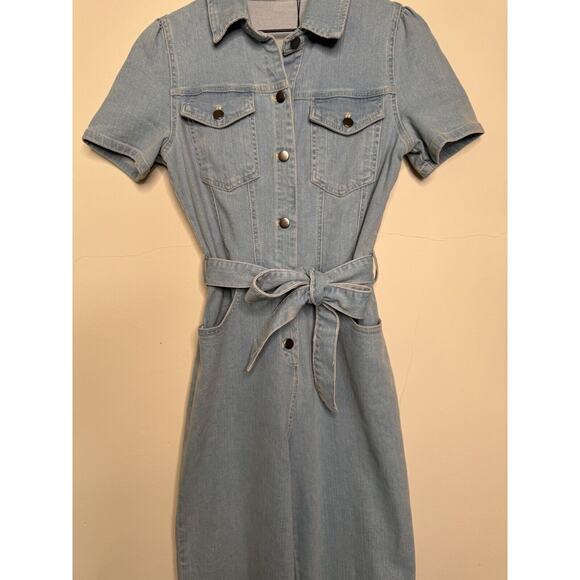 Avec Les Filles Womens Jumpsuit Denim Wide Leg Light Wash Belt Retro 70s Sz 29 - Picture 3 of 15